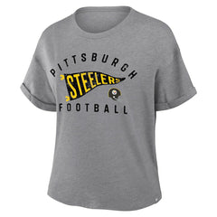 Pittsburgh Steelers Women's Pennant Wave Tribute Tri-Blend Boxy T-Shirt - Heather Gray outlet