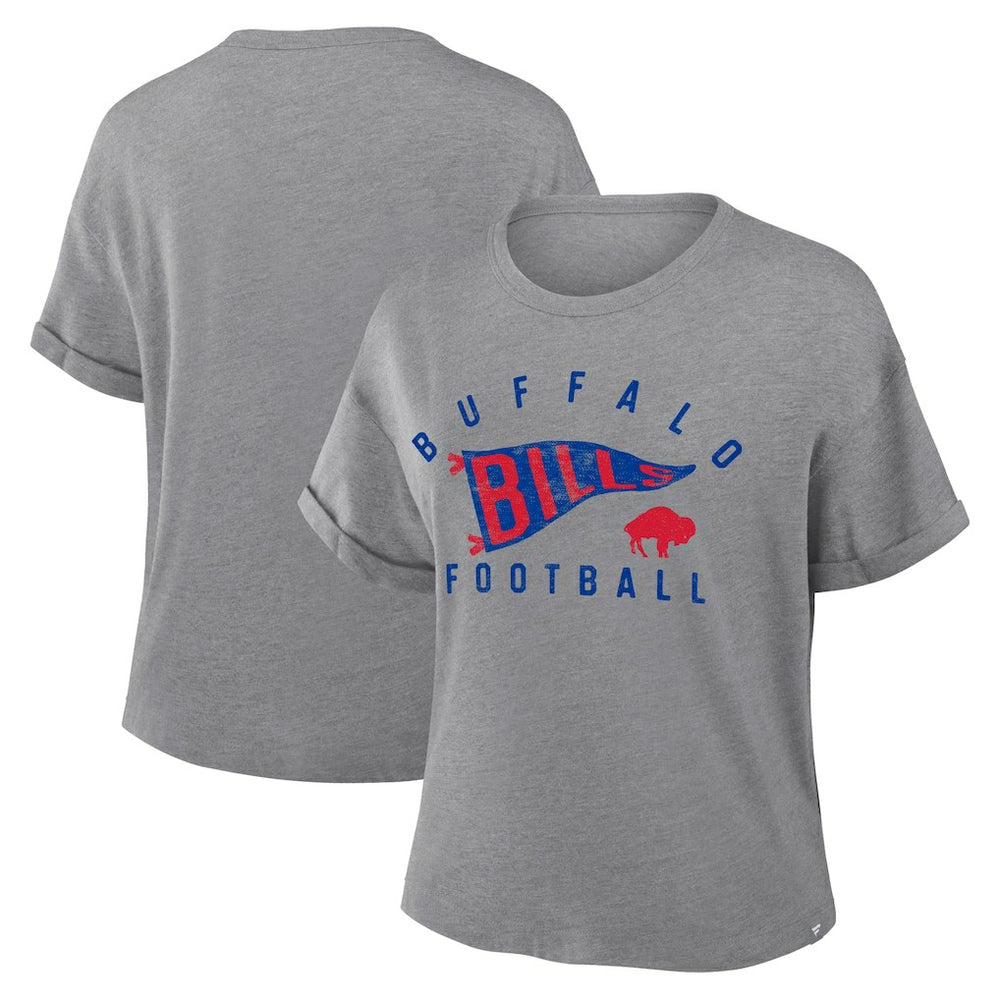 Buffalo Bills Women's Pennant Wave Tribute Tri-Blend Boxy T-Shirt - Heather Gray for sale