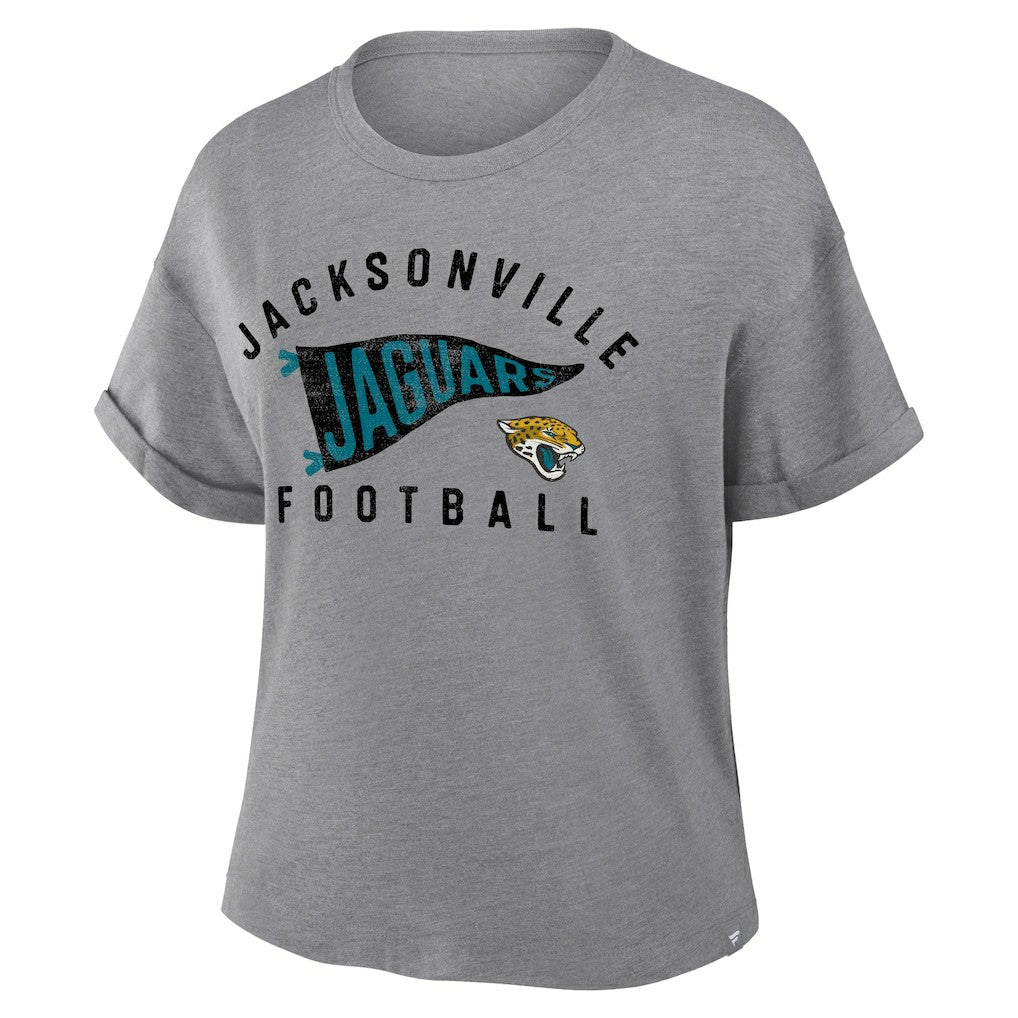 Jacksonville Jaguars Women's Pennant Wave Tribute Tri-Blend Boxy T-Shirt - Heather Gray for sale