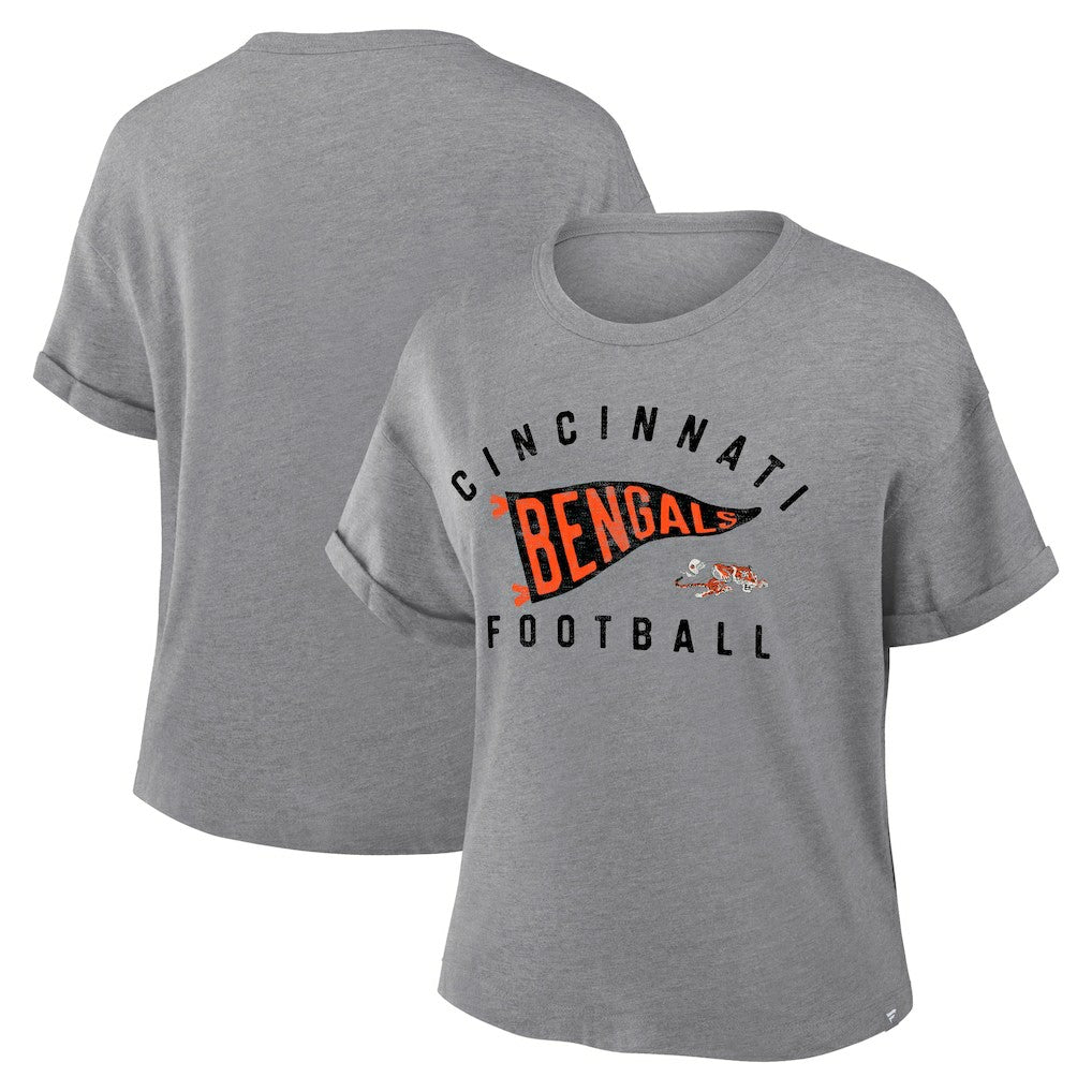 Cincinnati Bengals Women's Pennant Wave Tribute Tri-Blend Boxy T-Shirt - Heather Gray discount