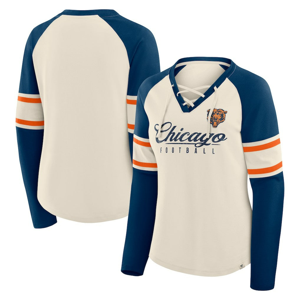 Chicago Bears Women's Hometown Gridiron Hero Raglan Lace-Up V-Neck Long Sleeve T-Shirt - Cream/Navy for sale
