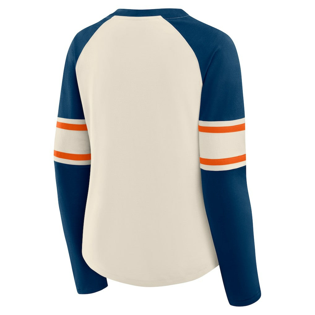 Chicago Bears Women's Hometown Gridiron Hero Raglan Lace-Up V-Neck Long Sleeve T-Shirt - Cream/Navy for sale