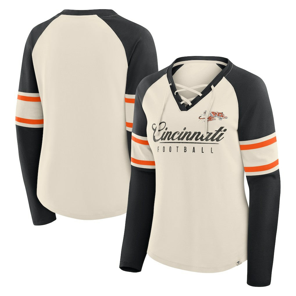 Cincinnati Bengals Women's Hometown Gridiron Hero Raglan Lace-Up V-Neck Long Sleeve T-Shirt - Cream/Black outlet