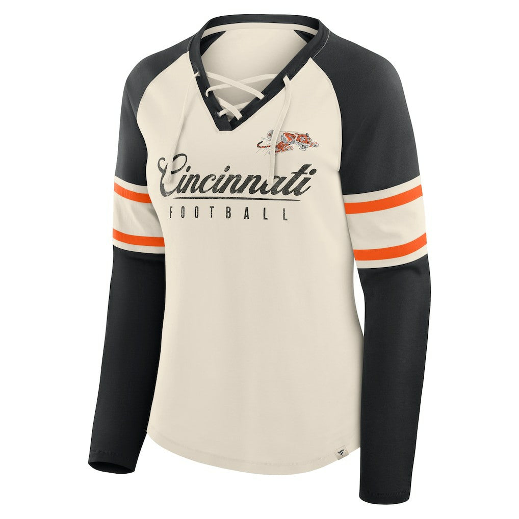Cincinnati Bengals Women's Hometown Gridiron Hero Raglan Lace-Up V-Neck Long Sleeve T-Shirt - Cream/Black outlet
