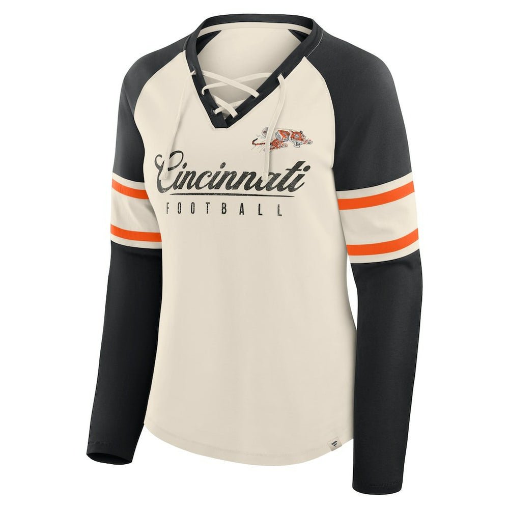 Cincinnati Bengals Women's Hometown Gridiron Hero Raglan Lace-Up V-Neck Long Sleeve T-Shirt - Cream/Black outlet