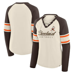 Cleveland Browns Women's Hometown Gridiron Hero Raglan Lace-Up V-Neck Long Sleeve T-Shirt - Cream/Brown outlet