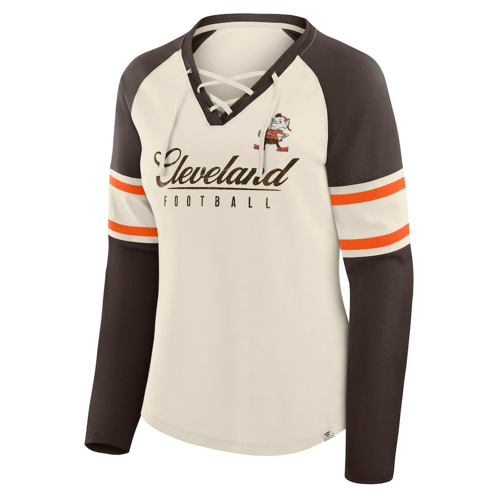 Cleveland Browns Women's Hometown Gridiron Hero Raglan Lace-Up V-Neck Long Sleeve T-Shirt - Cream/Brown outlet