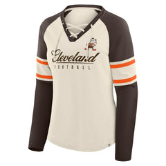 Cleveland Browns Women's Hometown Gridiron Hero Raglan Lace-Up V-Neck Long Sleeve T-Shirt - Cream/Brown outlet