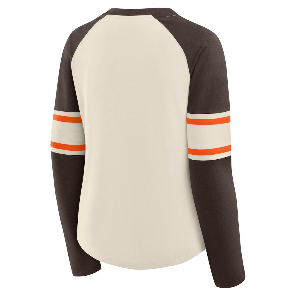 Cleveland Browns Women's Hometown Gridiron Hero Raglan Lace-Up V-Neck Long Sleeve T-Shirt - Cream/Brown outlet