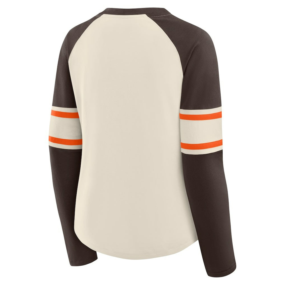 Cleveland Browns Women's Hometown Gridiron Hero Raglan Lace-Up V-Neck Long Sleeve T-Shirt - Cream/Brown outlet
