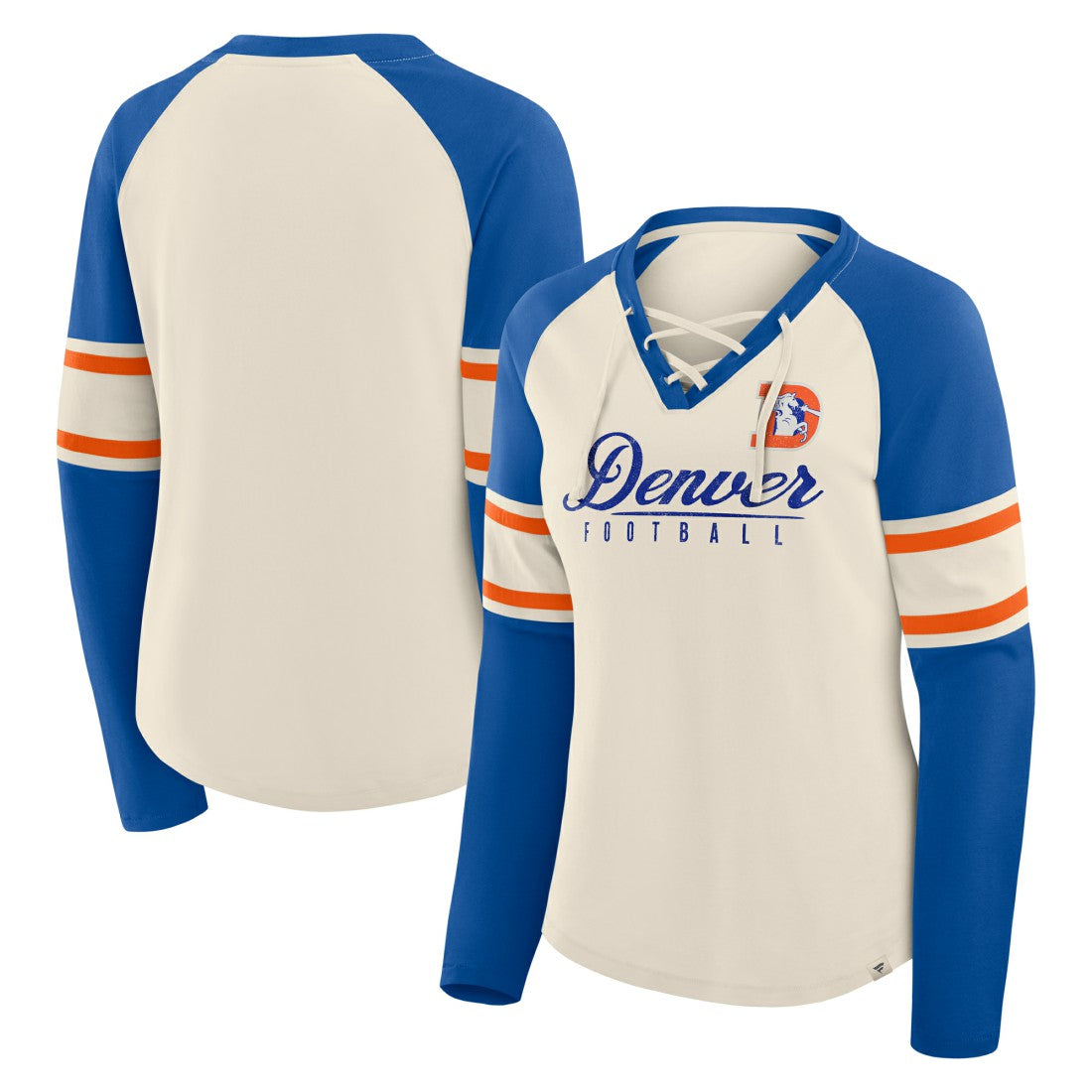 Denver Broncos Women's Hometown Gridiron Hero Raglan Lace-Up V-Neck Long Sleeve T-Shirt - Cream/Royal on sale