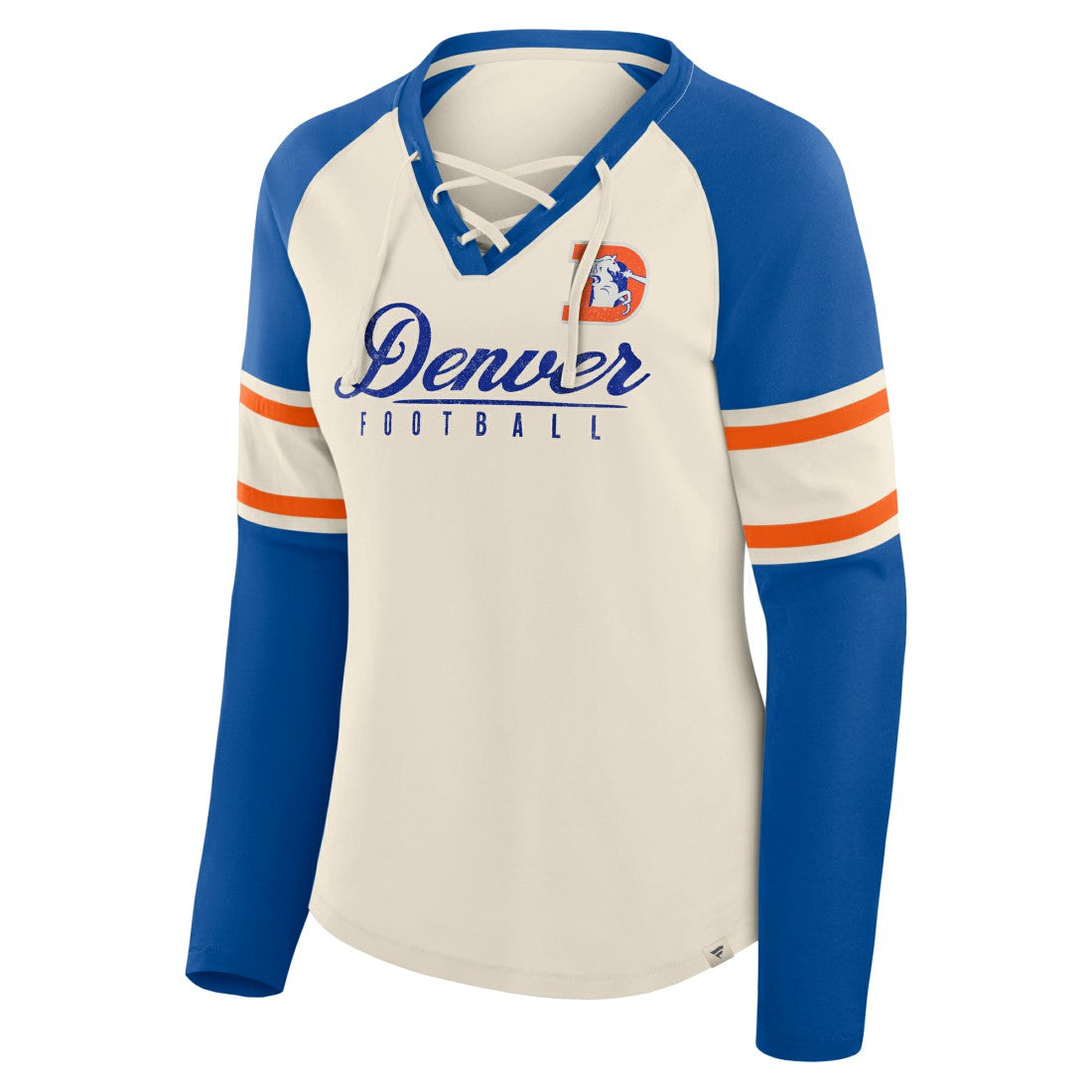 Denver Broncos Women's Hometown Gridiron Hero Raglan Lace-Up V-Neck Long Sleeve T-Shirt - Cream/Royal on sale