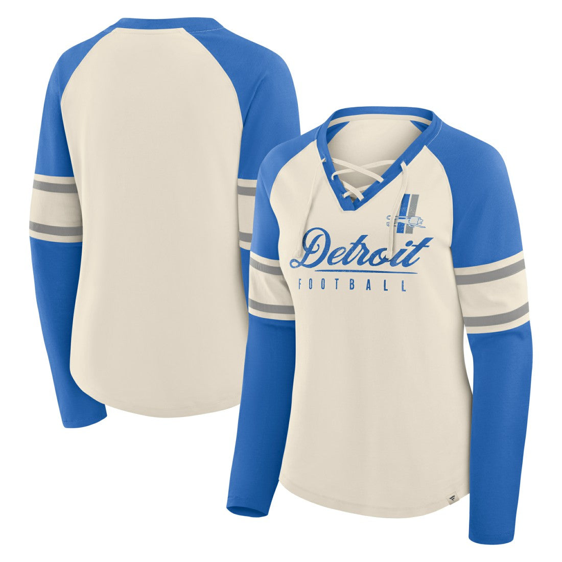 Detroit Lions Women's Hometown Gridiron Hero Raglan Lace-Up V-Neck Long Sleeve T-Shirt - Cream/Blue online