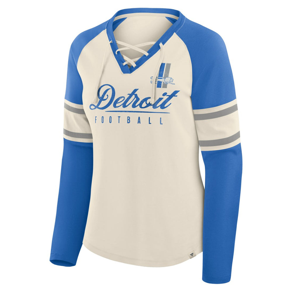 Detroit Lions Women's Hometown Gridiron Hero Raglan Lace-Up V-Neck Long Sleeve T-Shirt - Cream/Blue online