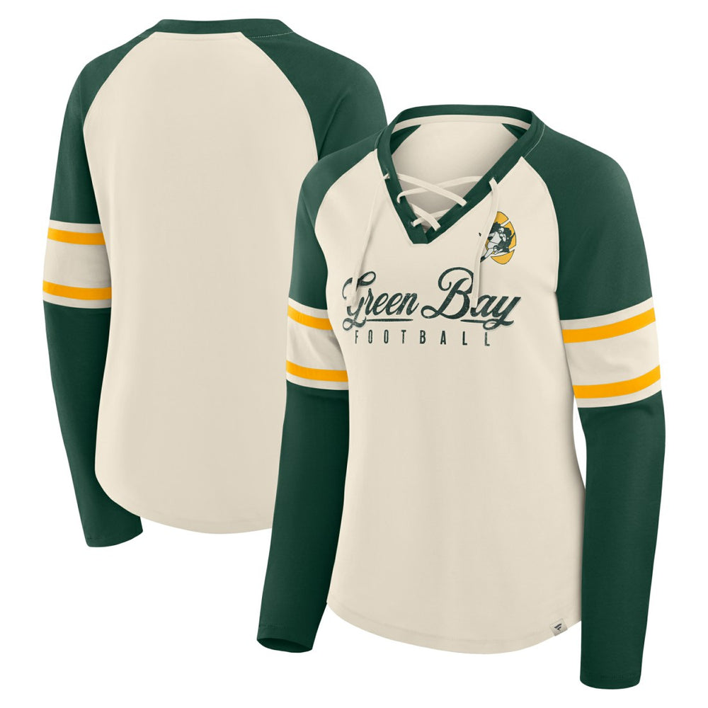 Green Bay Packers Women's Hometown Gridiron Hero Raglan Lace-Up V-Neck Long Sleeve T-Shirt - Cream/Green on sale