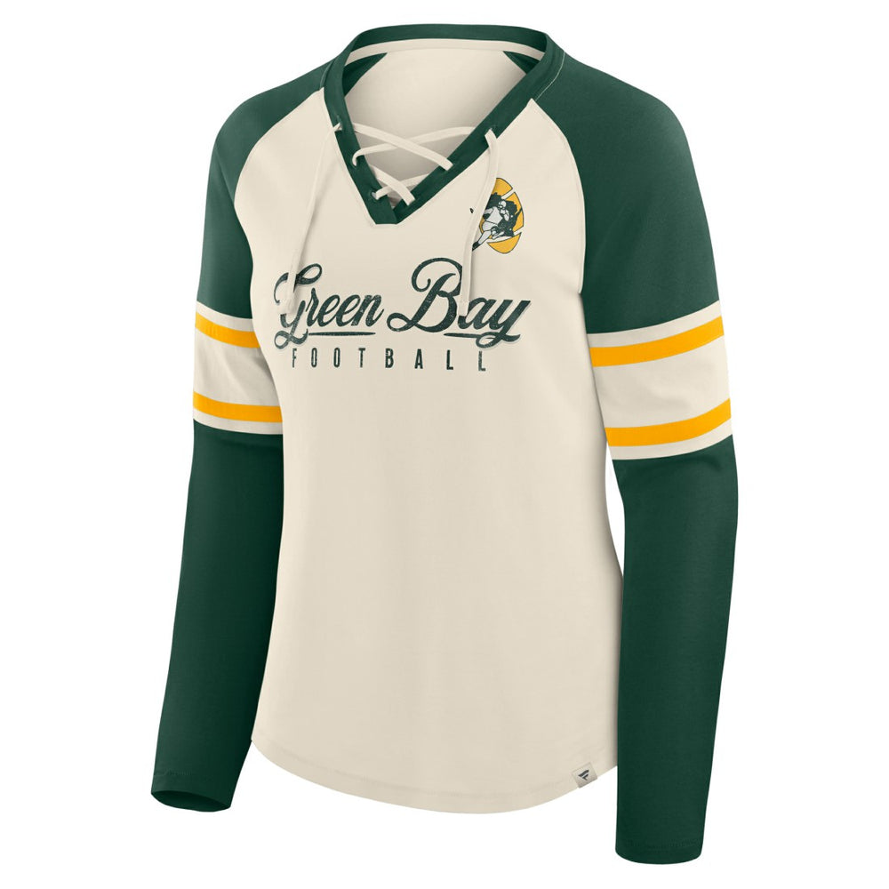 Green Bay Packers Women's Hometown Gridiron Hero Raglan Lace-Up V-Neck Long Sleeve T-Shirt - Cream/Green on sale