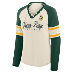 Green Bay Packers Women's Hometown Gridiron Hero Raglan Lace-Up V-Neck Long Sleeve T-Shirt - Cream/Green on sale
