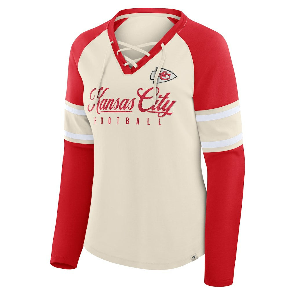 Kansas City Chiefs Women's Hometown Gridiron Hero Raglan Lace-Up V-Neck Long Sleeve T-Shirt - Cream/Red cheap