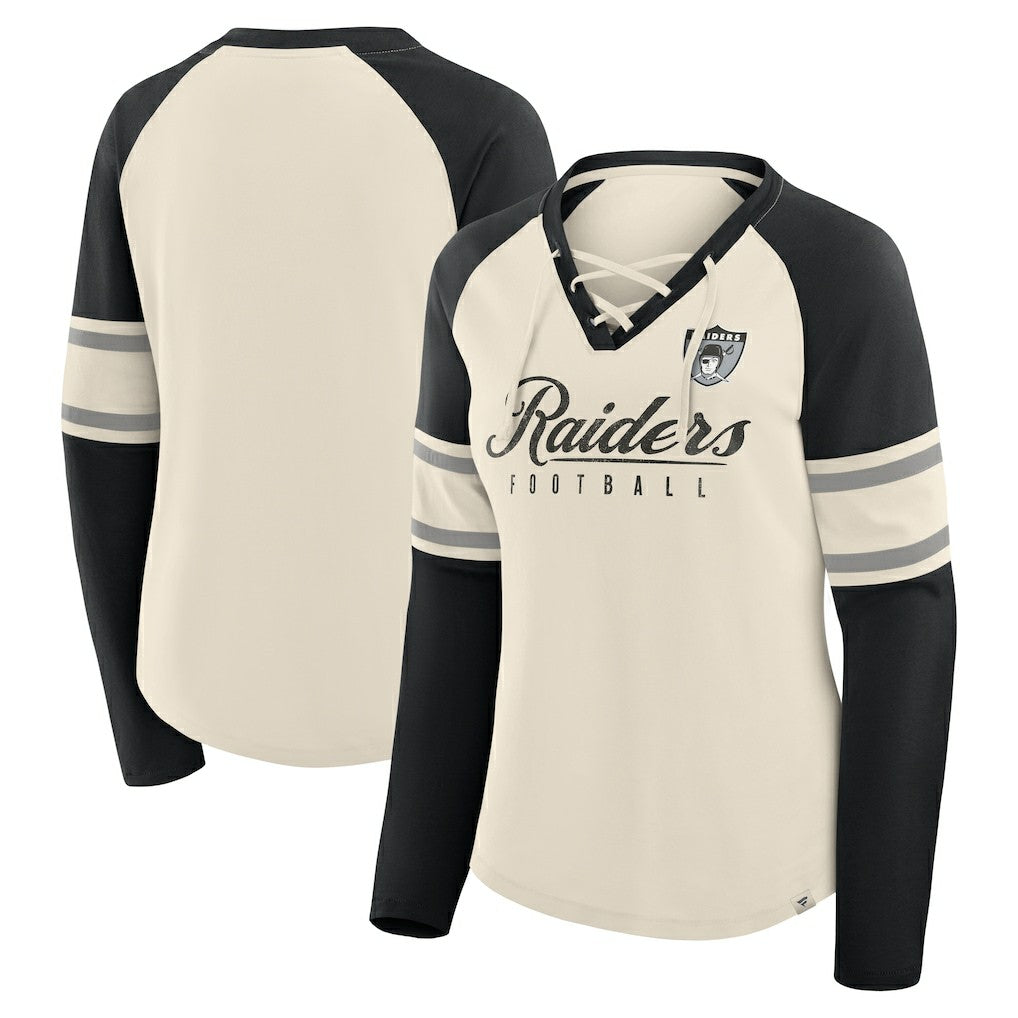 Las Vegas Raiders Women's Hometown Gridiron Hero Raglan Lace-Up V-Neck Long Sleeve T-Shirt - Cream/Black online