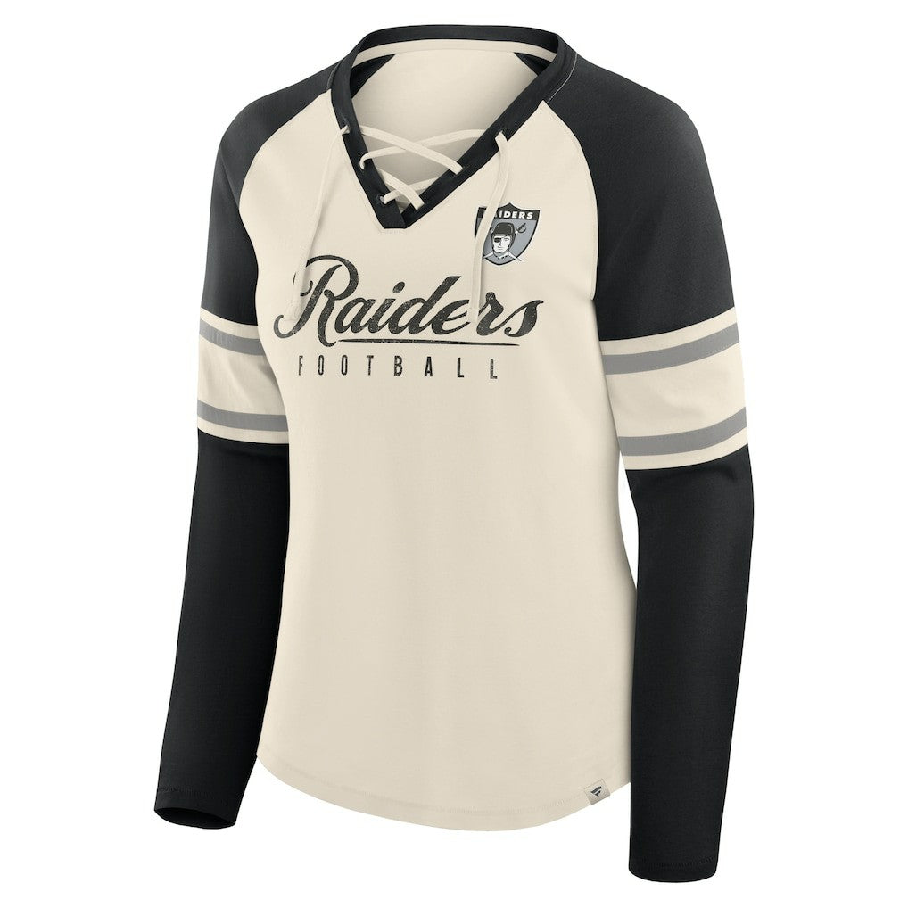 Las Vegas Raiders Women's Hometown Gridiron Hero Raglan Lace-Up V-Neck Long Sleeve T-Shirt - Cream/Black online