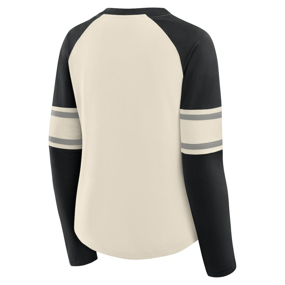 Las Vegas Raiders Women's Hometown Gridiron Hero Raglan Lace-Up V-Neck Long Sleeve T-Shirt - Cream/Black online