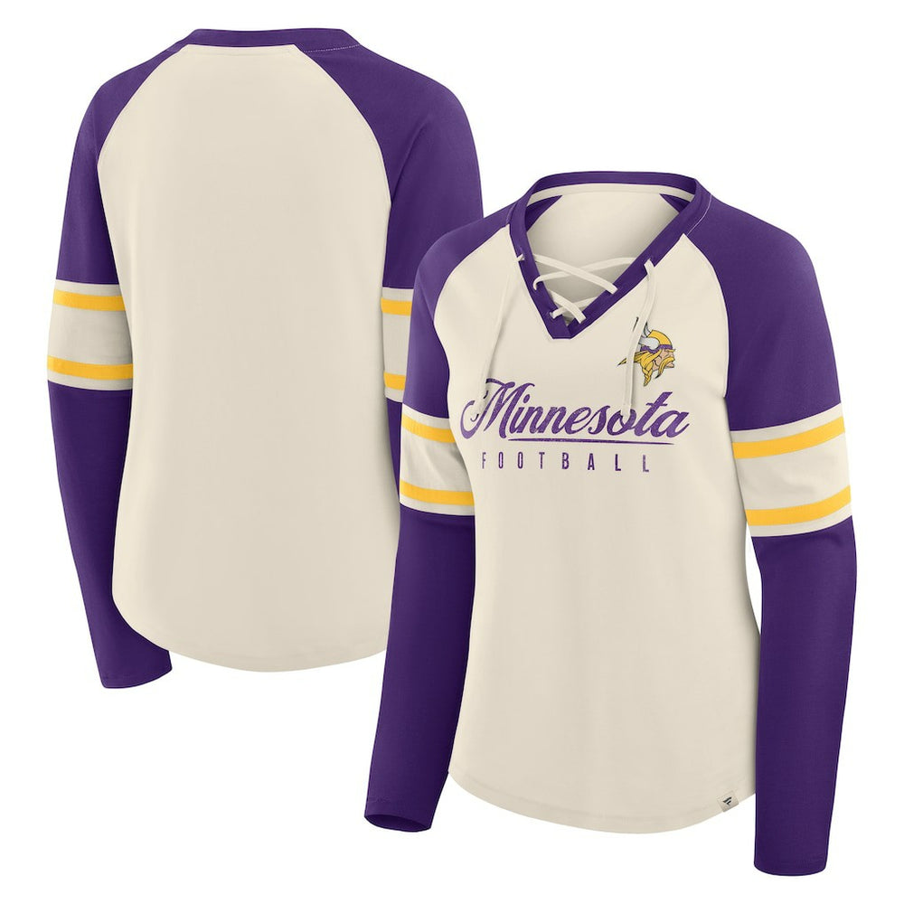 Minnesota Vikings Women's Hometown Gridiron Hero Raglan Lace-Up V-Neck Long Sleeve T-Shirt - Cream/Purple on sale