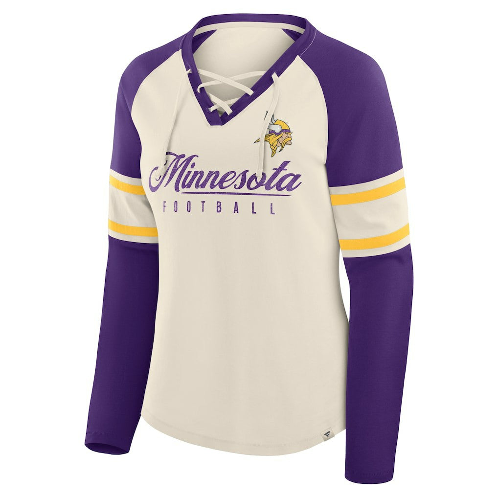 Minnesota Vikings Women's Hometown Gridiron Hero Raglan Lace-Up V-Neck Long Sleeve T-Shirt - Cream/Purple on sale