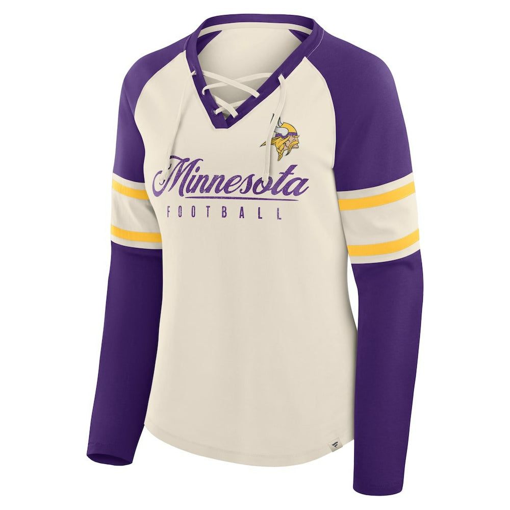 Minnesota Vikings Women's Hometown Gridiron Hero Raglan Lace-Up V-Neck Long Sleeve T-Shirt - Cream/Purple on sale