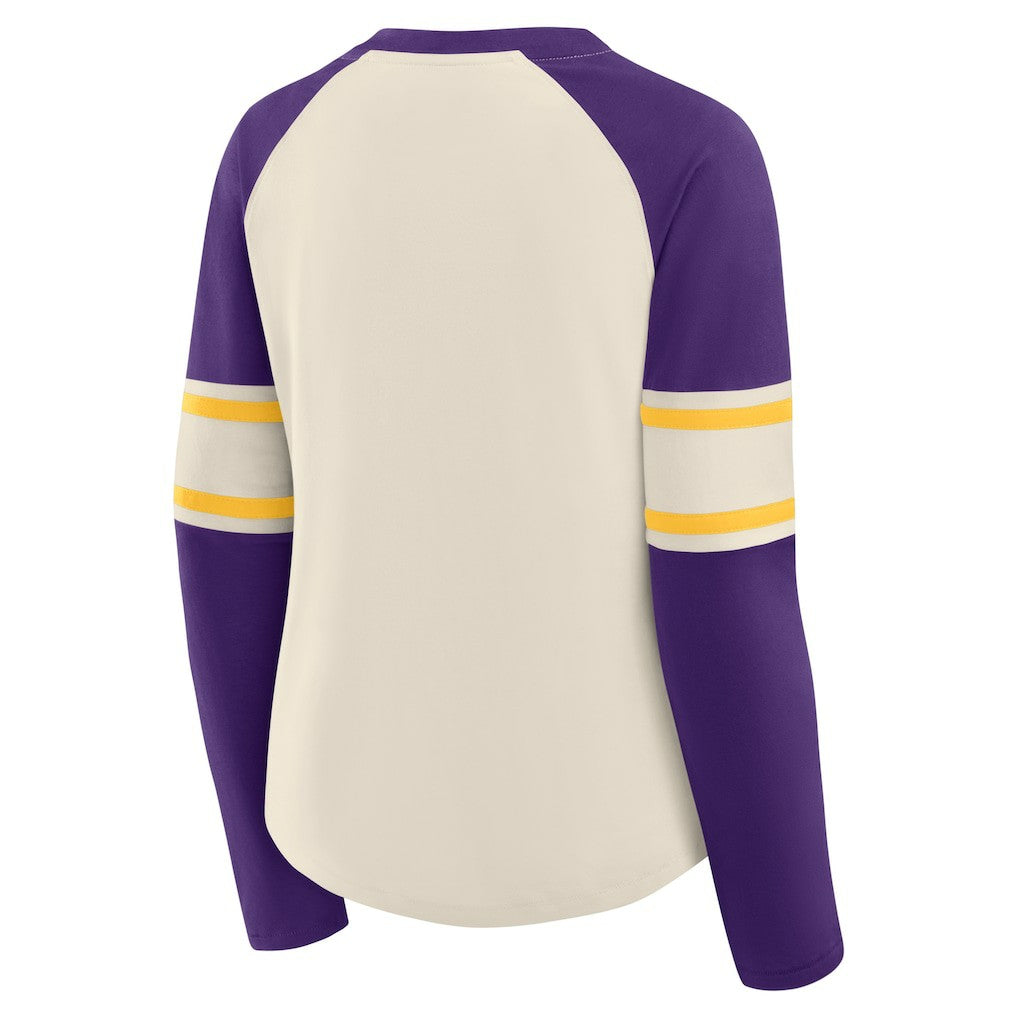 Minnesota Vikings Women's Hometown Gridiron Hero Raglan Lace-Up V-Neck Long Sleeve T-Shirt - Cream/Purple on sale