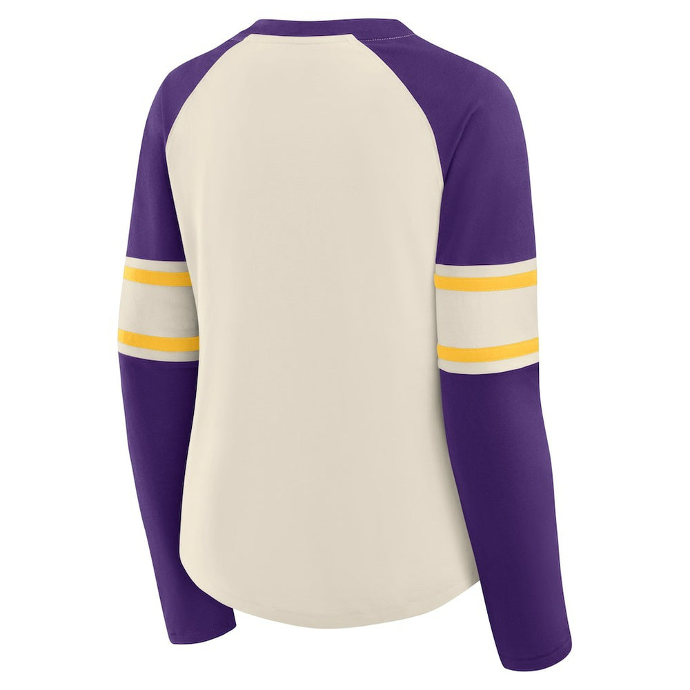 Minnesota Vikings Women's Hometown Gridiron Hero Raglan Lace-Up V-Neck Long Sleeve T-Shirt - Cream/Purple on sale