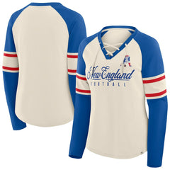 New England Patriots Women's Hometown Gridiron Hero Raglan Lace-Up V-Neck Long Sleeve T-Shirt - Cream/Royal cheap