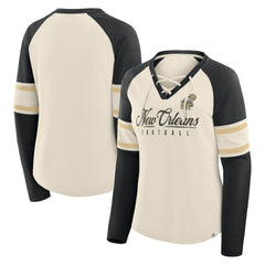 New Orleans Saints Women's Hometown Gridiron Hero Raglan Lace-Up V-Neck Long Sleeve T-Shirt - Cream/Black on sale