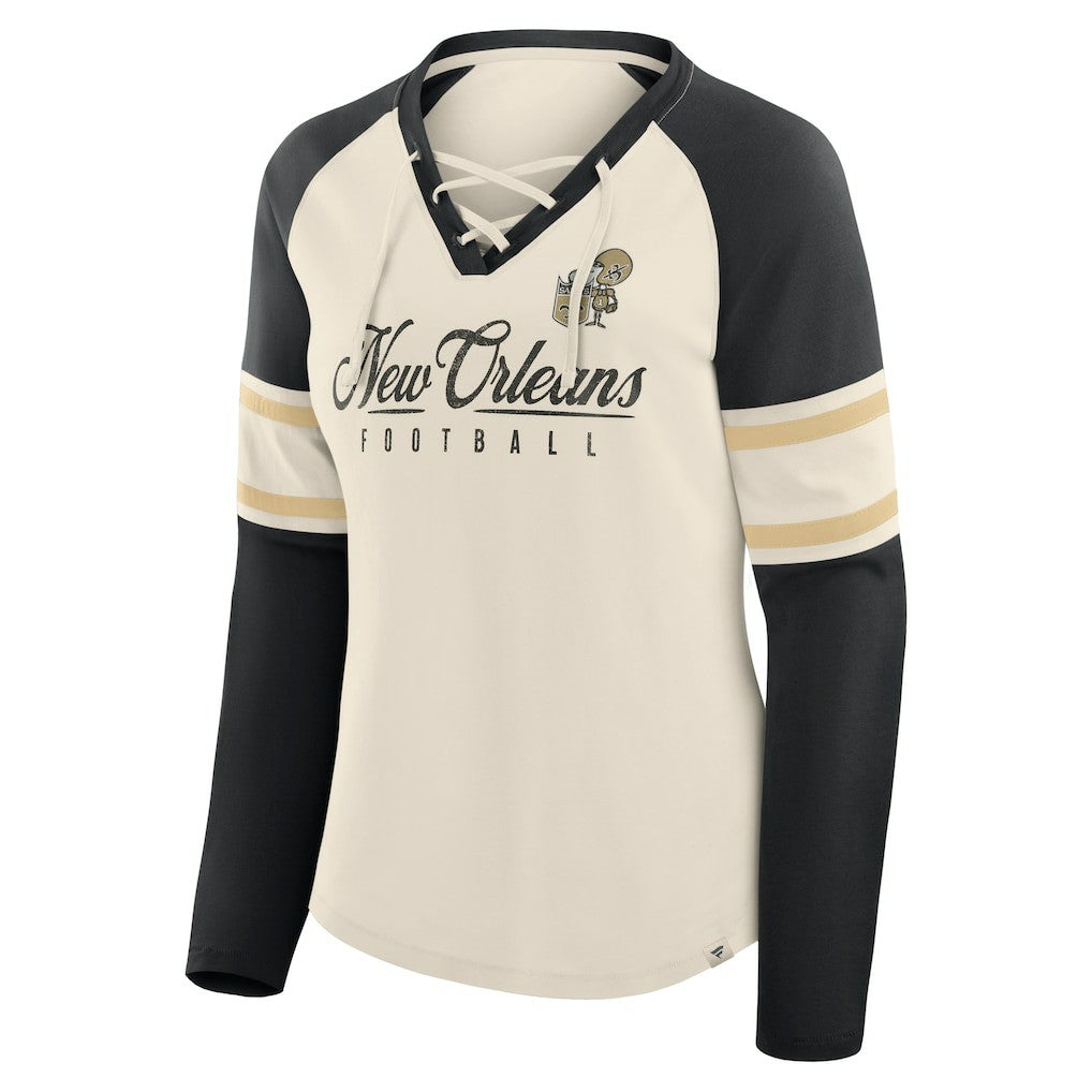 New Orleans Saints Women's Hometown Gridiron Hero Raglan Lace-Up V-Neck Long Sleeve T-Shirt - Cream/Black on sale