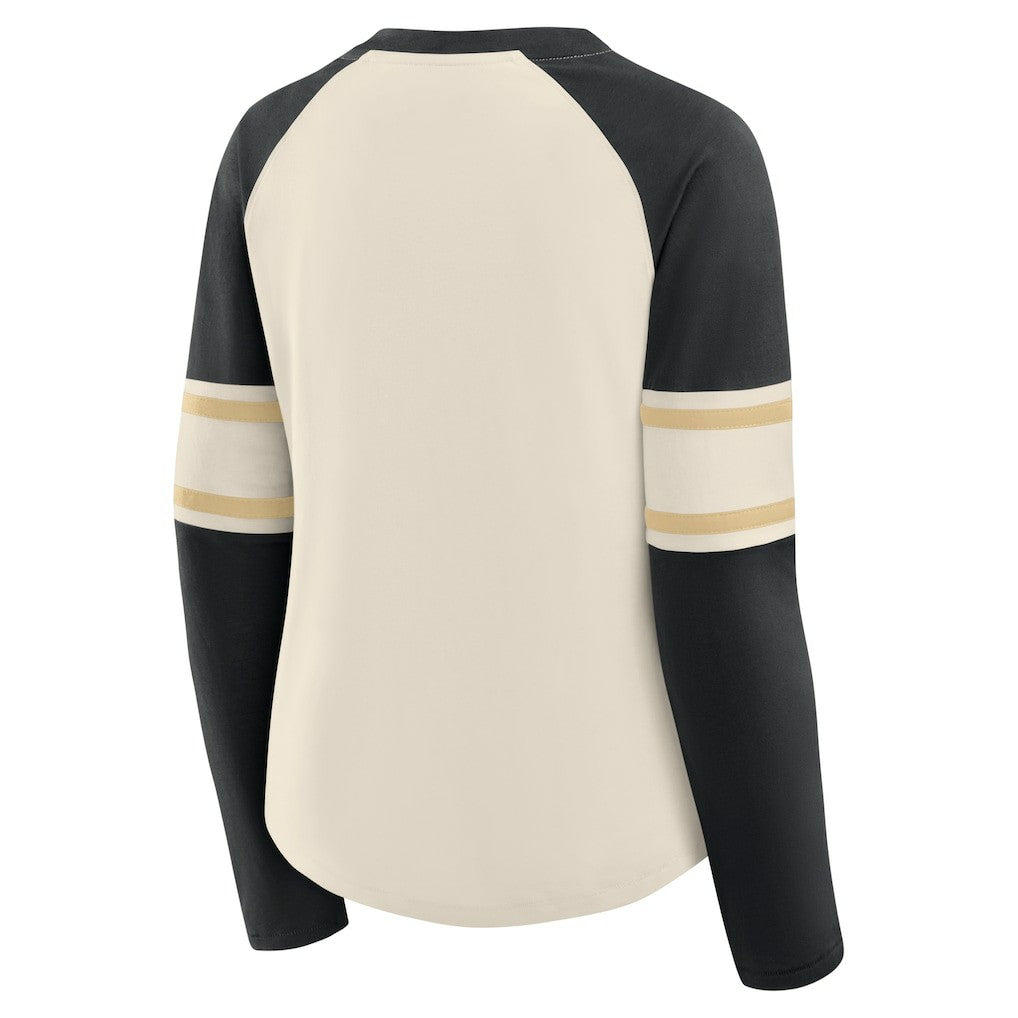 New Orleans Saints Women's Hometown Gridiron Hero Raglan Lace-Up V-Neck Long Sleeve T-Shirt - Cream/Black on sale