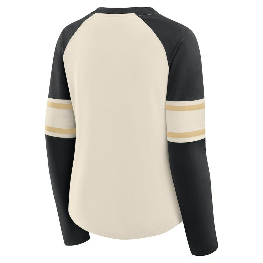 New Orleans Saints Women's Hometown Gridiron Hero Raglan Lace-Up V-Neck Long Sleeve T-Shirt - Cream/Black on sale