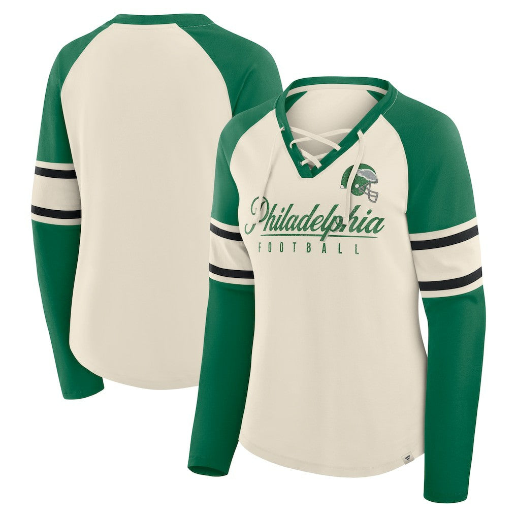 Philadelphia Eagles Women's Hometown Gridiron Hero Raglan Lace-Up V-Neck Long Sleeve T-Shirt - Cream/Kelly Green on sale