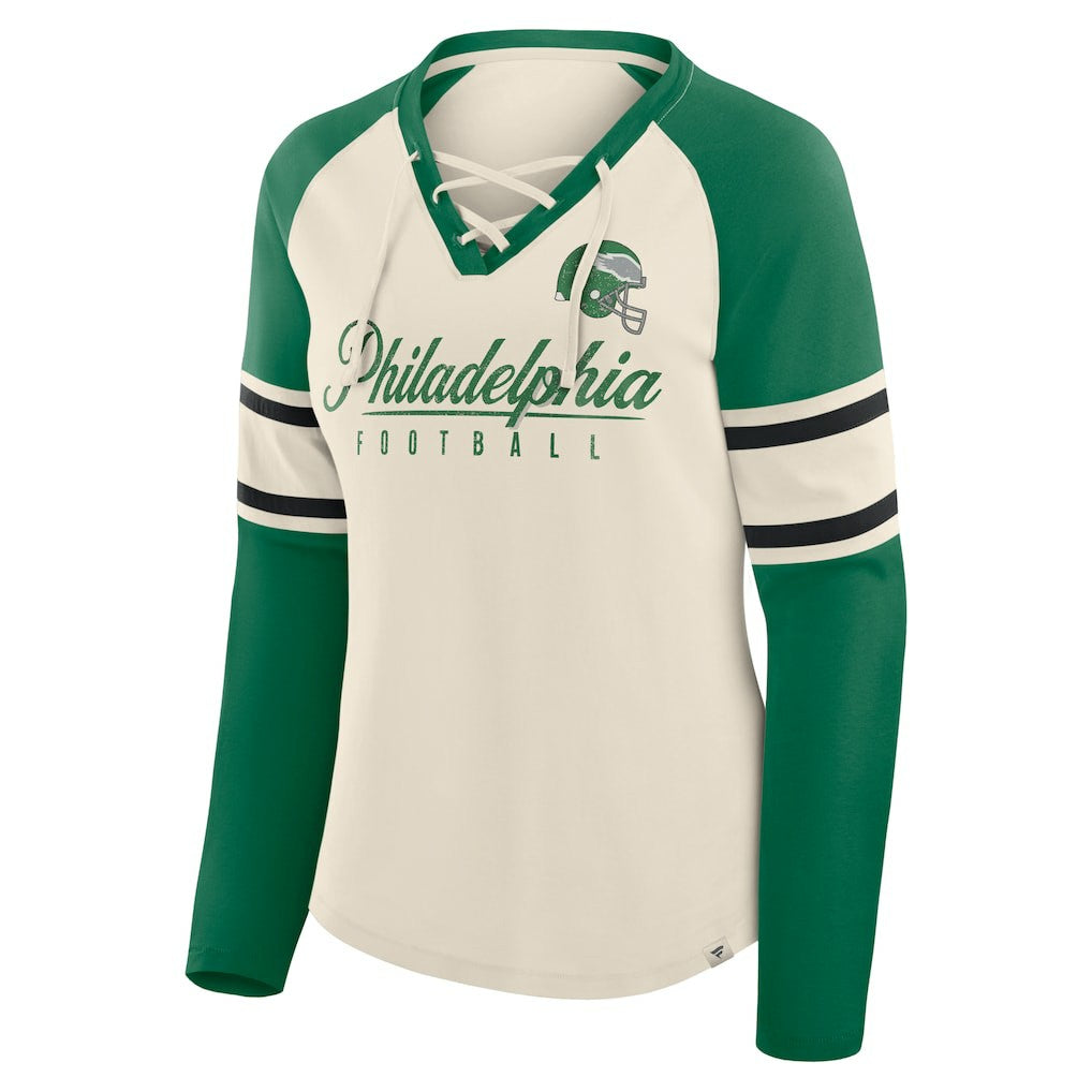 Philadelphia Eagles Women's Hometown Gridiron Hero Raglan Lace-Up V-Neck Long Sleeve T-Shirt - Cream/Kelly Green on sale
