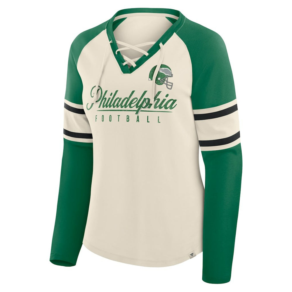 Philadelphia Eagles Women's Hometown Gridiron Hero Raglan Lace-Up V-Neck Long Sleeve T-Shirt - Cream/Kelly Green on sale
