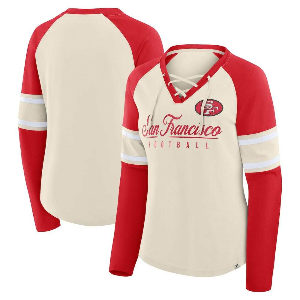 San Francisco 49ers Women's Hometown Gridiron Hero Raglan Lace-Up V-Neck Long Sleeve T-Shirt - Cream/Scarlet sale