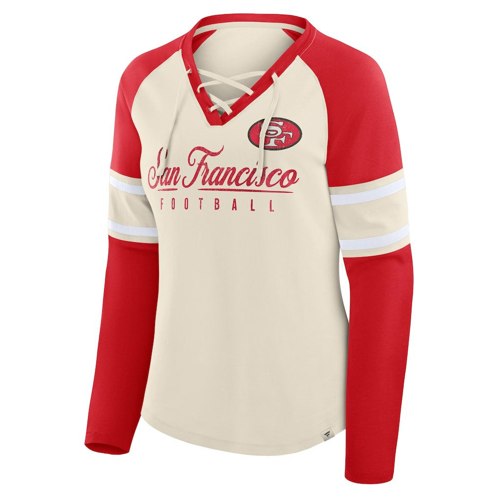 San Francisco 49ers Women's Hometown Gridiron Hero Raglan Lace-Up V-Neck Long Sleeve T-Shirt - Cream/Scarlet sale