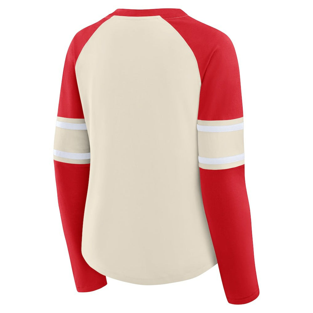 San Francisco 49ers Women's Hometown Gridiron Hero Raglan Lace-Up V-Neck Long Sleeve T-Shirt - Cream/Scarlet sale
