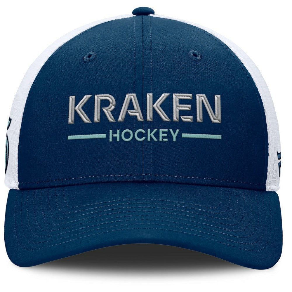 Seattle Kraken Fanatics Authentic Pro Rink Lockup Adjustable Trucker Hat - Deep Sea Blue/White Hats