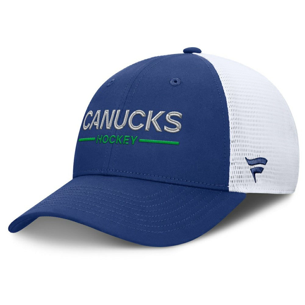 Vancouver Canucks Fanatics Authentic Pro Rink Lockup Adjustable Trucker Hat - Blue/White Hats
