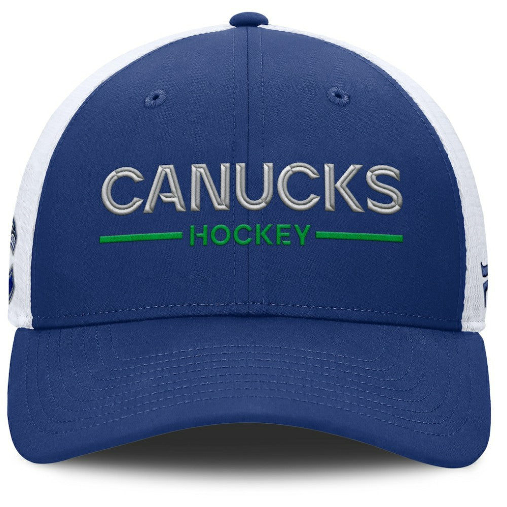 Vancouver Canucks Fanatics Authentic Pro Rink Lockup Adjustable Trucker Hat - Blue/White Hats