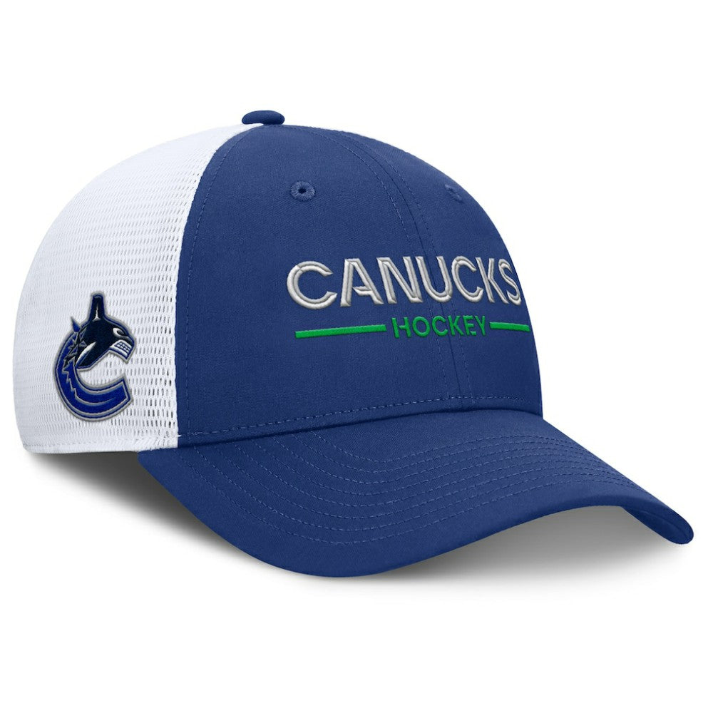 Vancouver Canucks Fanatics Authentic Pro Rink Lockup Adjustable Trucker Hat - Blue/White Hats