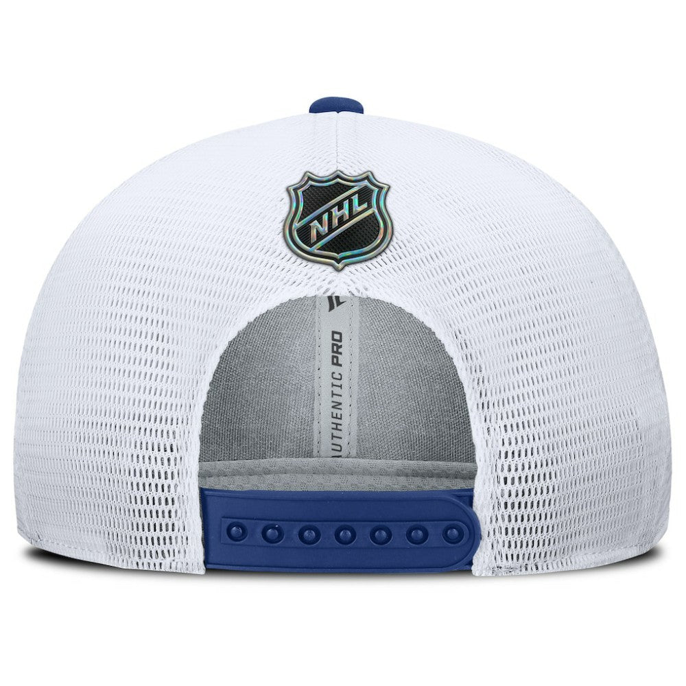 Vancouver Canucks Fanatics Authentic Pro Rink Lockup Adjustable Trucker Hat - Blue/White Hats