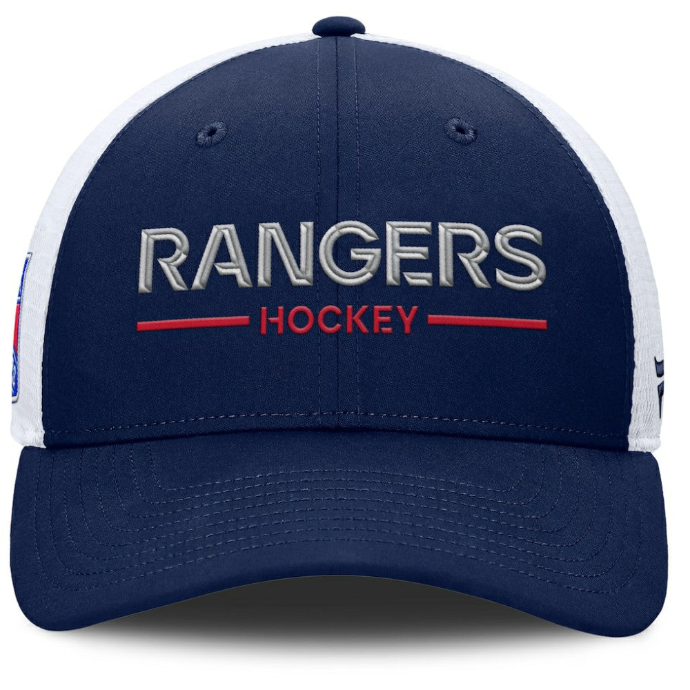 New York Rangers Fanatics Authentic Pro Rink Lockup Adjustable Trucker Hat - Navy/White Hats