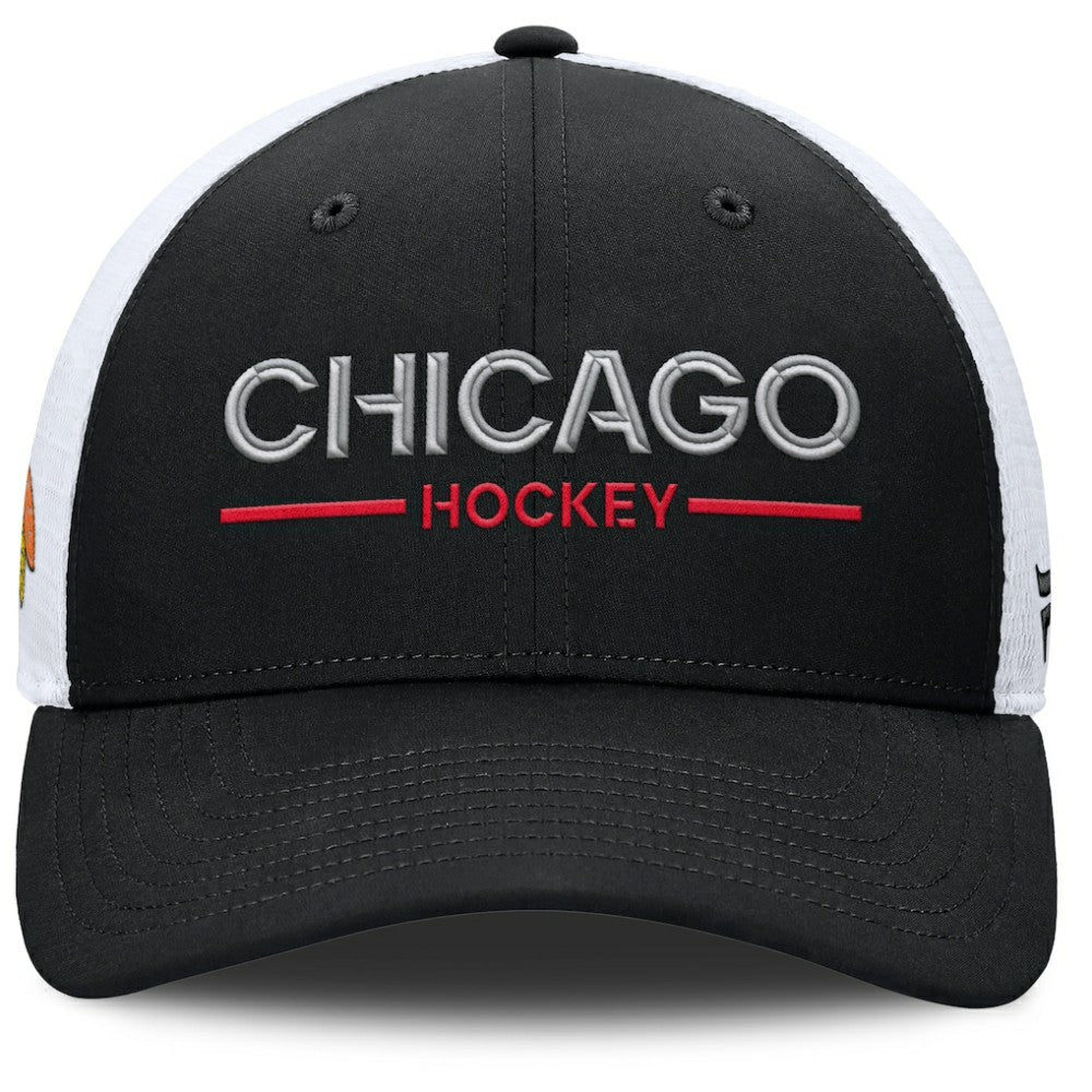 Chicago Blackhawks Fanatics Authentic Pro Rink Lockup Adjustable Trucker Hat - Black/White Hats