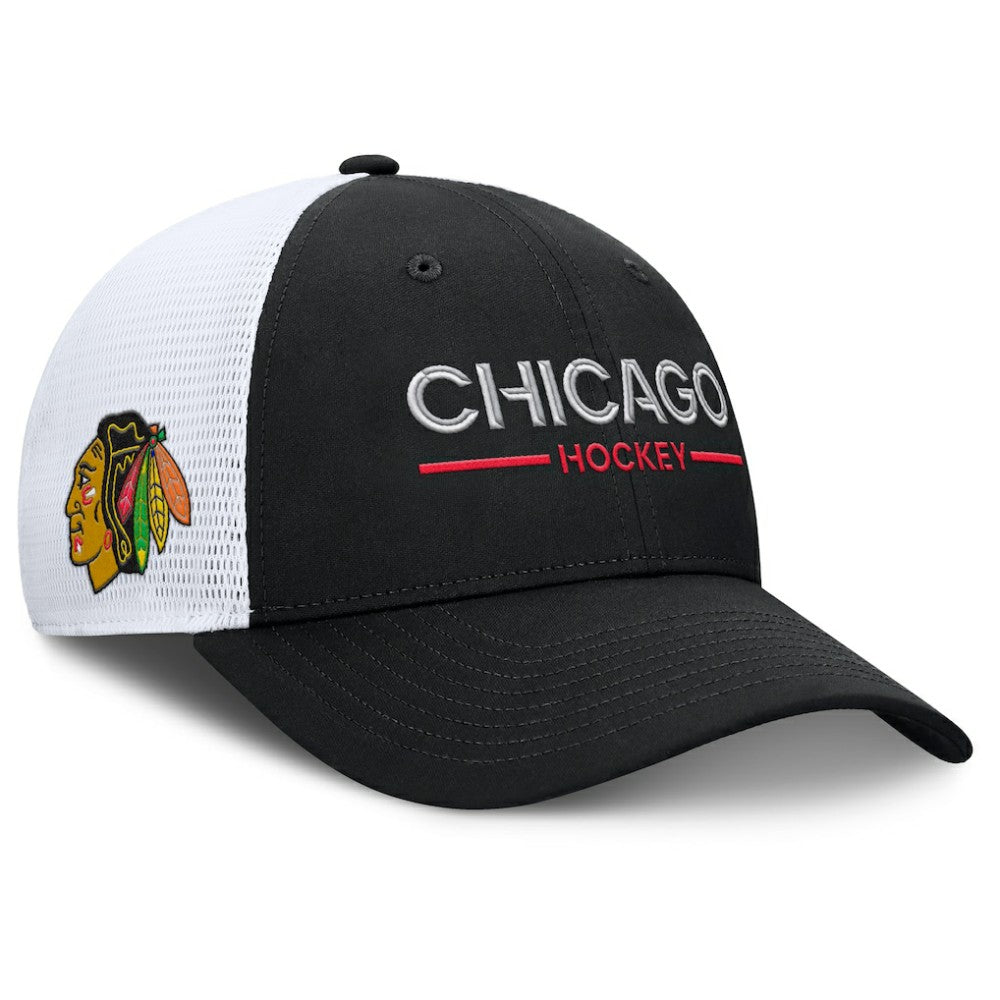 Chicago Blackhawks Fanatics Authentic Pro Rink Lockup Adjustable Trucker Hat - Black/White Hats