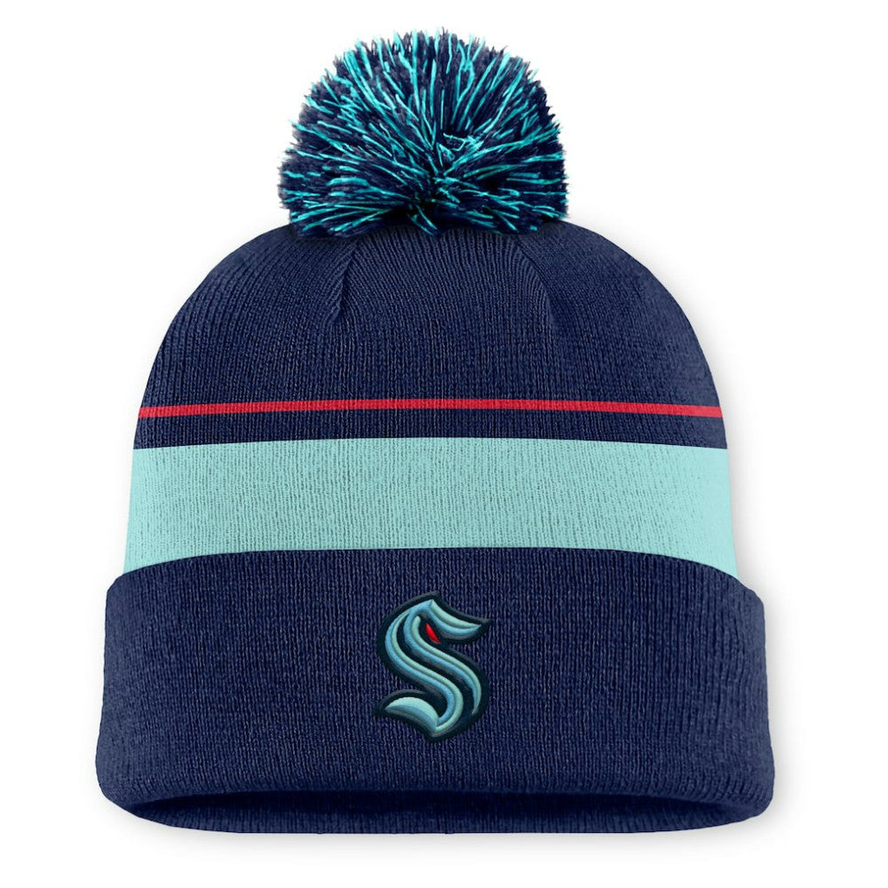 Seattle Kraken Fanatics Authentic Pro Rink Cuffed Knit Hat with Pom - Deep Sea Blue Hats